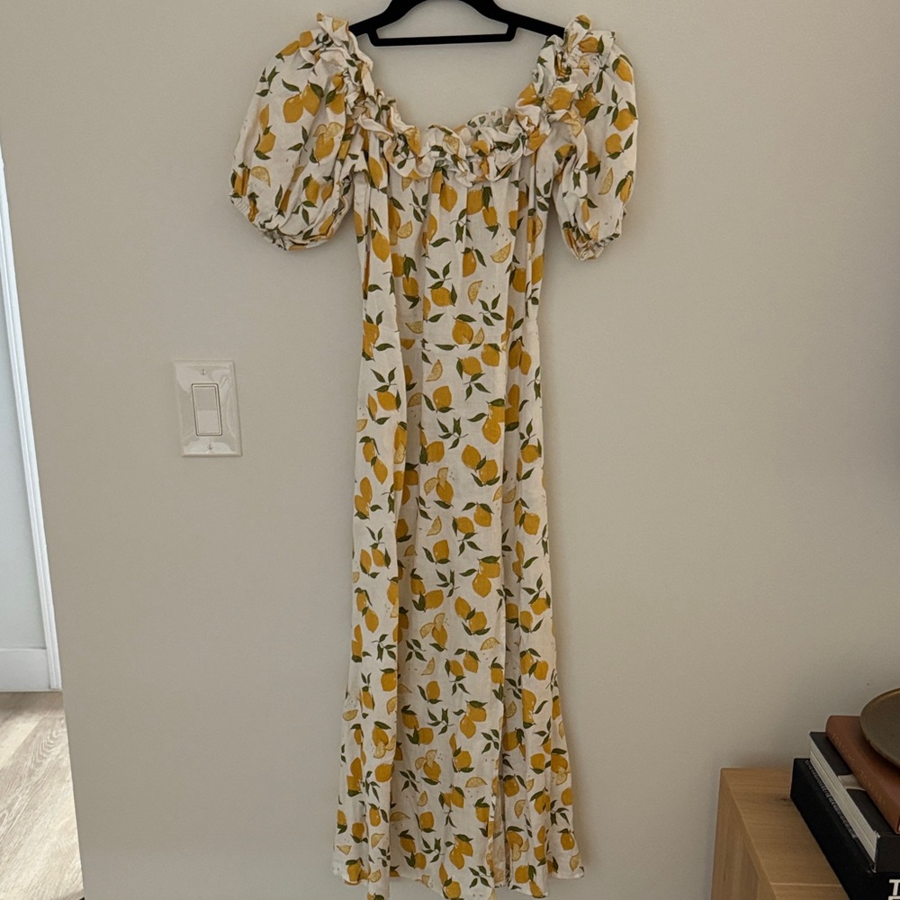 Reformation off shoulder linen lemon dress